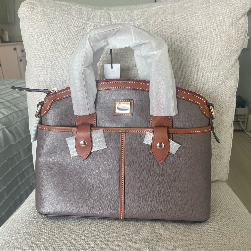 Dooney & Bourke Leather Domed Satchel Purse in Elephant Grey/Taupe, NEW